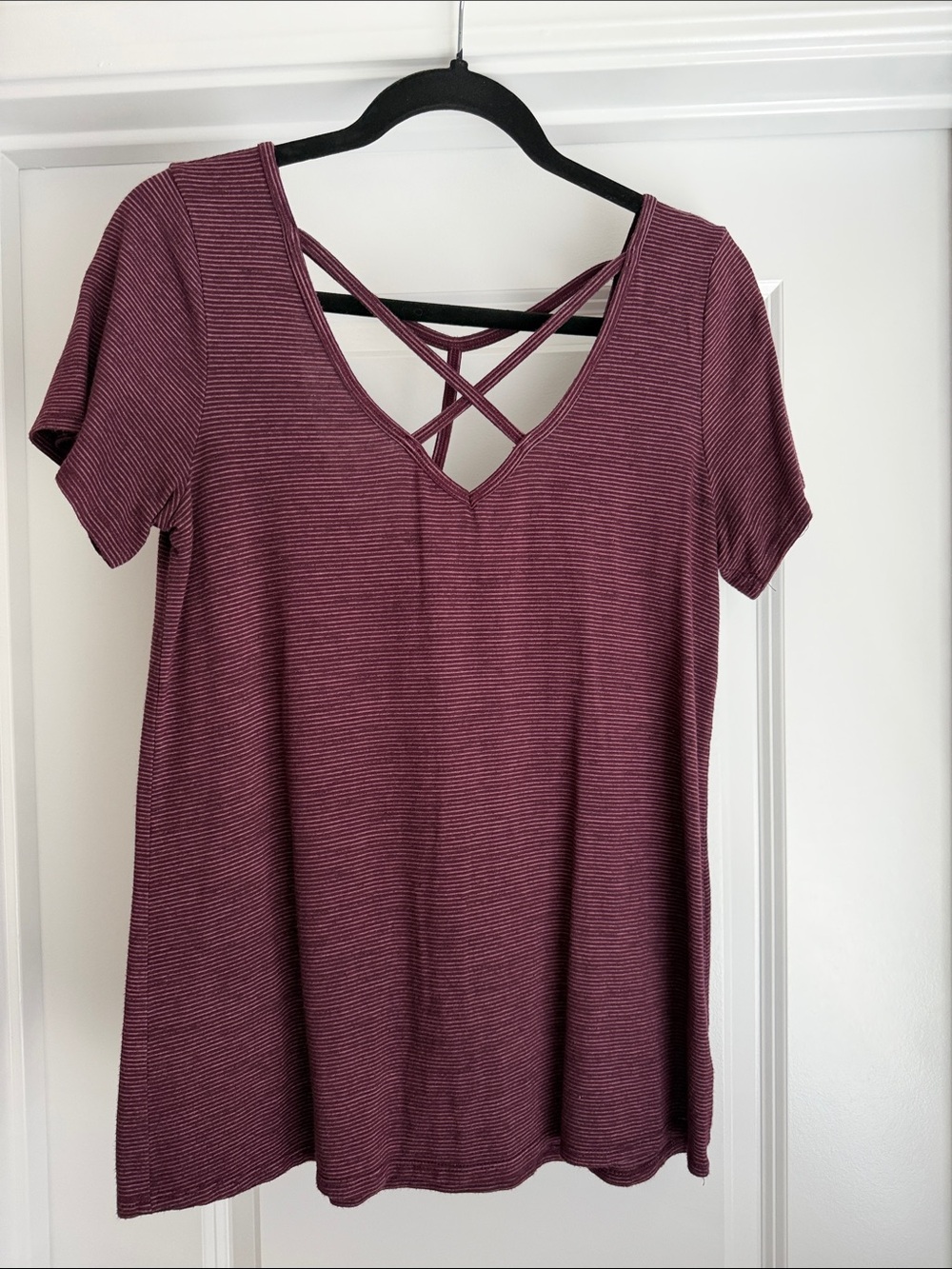 bp Plum Striped V-Neck Tee with criss-cross straps in front and T strap in back